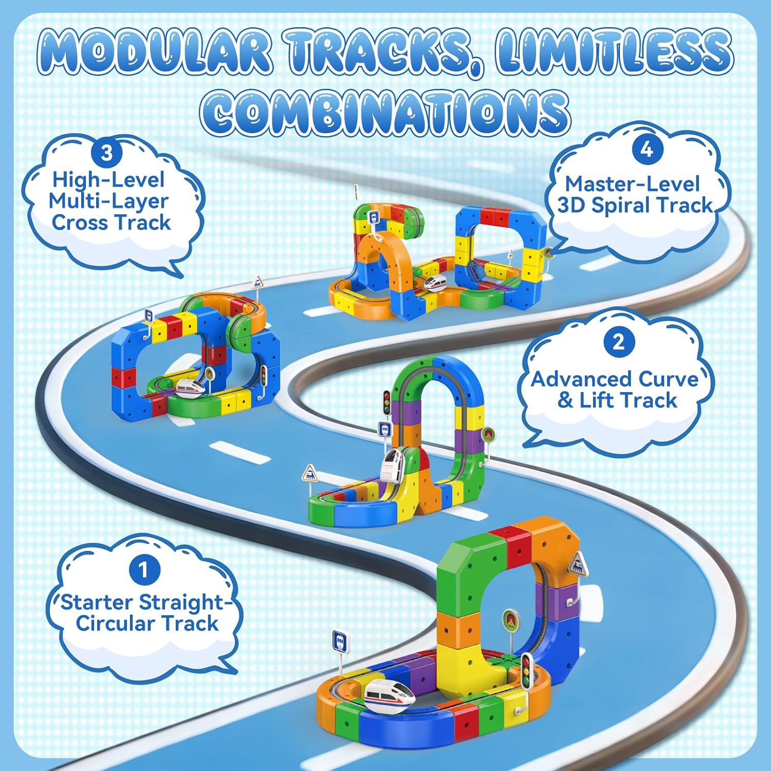 3D Anti-Gravity Electric Train Set for Kids Ages 4-8 - 2 Set 158 PCS Flexible DIY Race Track Building Toy(93 Track Blocks, 3 Motorized Train, Accessories), STEM Educational Birthday Gift