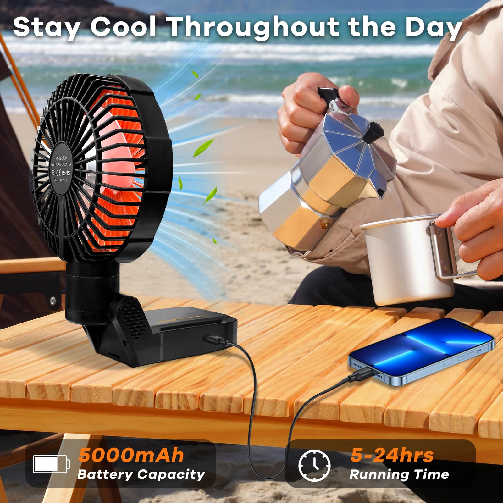 Ventilateur portable magnétique avec lumière LED – 4 vitesses réglables, rotation à 70°, 2 heures, ventilateur à clip pour poussette, voyage, camping, golf, salle de sport (orange)