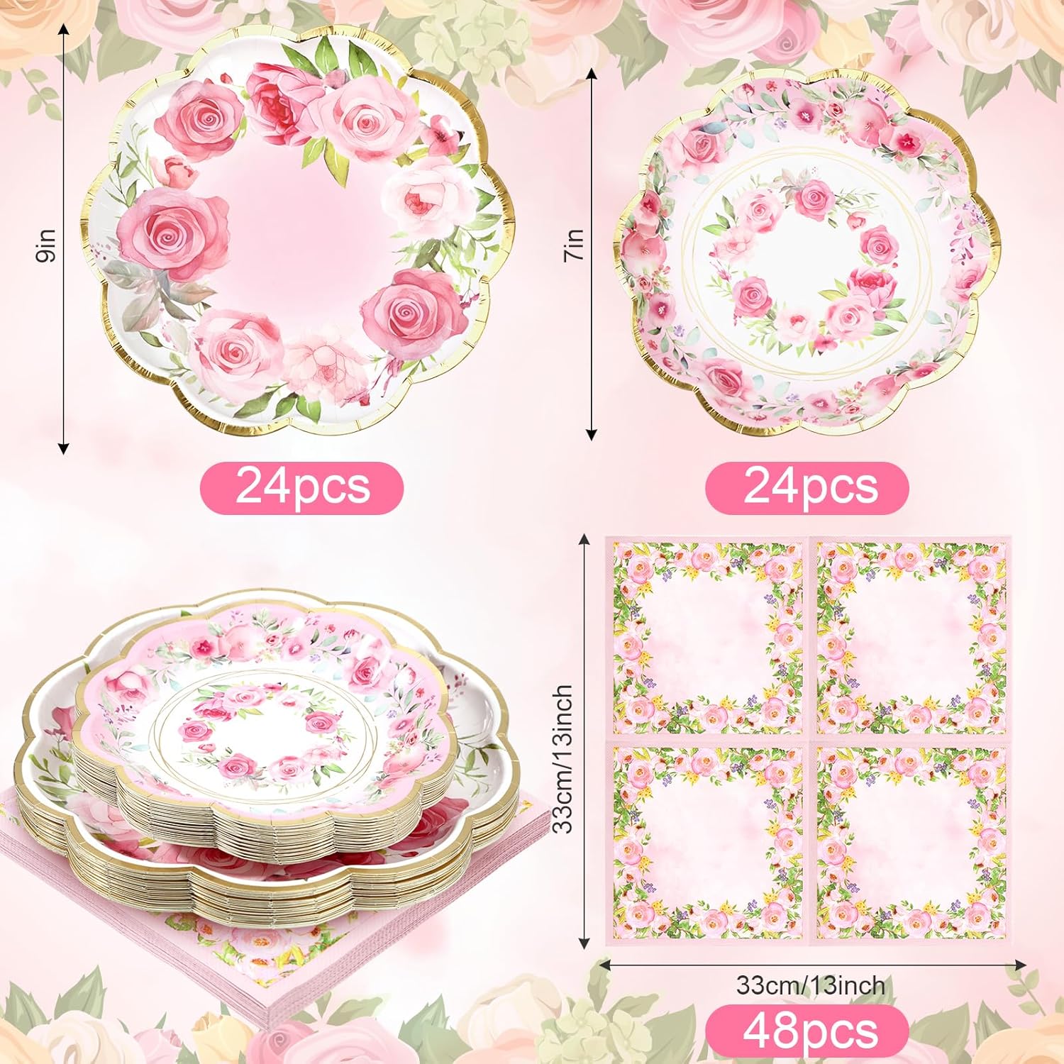 Tanlade 96 Pcs Pink Floral Plates and Napkins Serve 24, Disposable flower Paper Scalloped Dinner Plates 2 Ply Paper Napkins for Wedding Birthday Decorations Party Supplies
