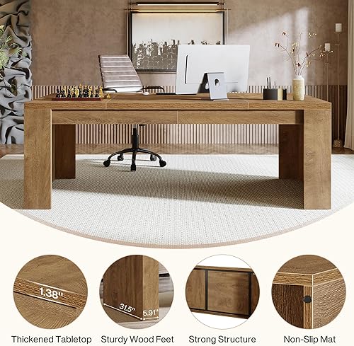 Miniatura 4 de Tribesigns Escritorio de madera para computadora de 70.9 pulgadas, escritorio grande de oficina ejecutiva de granja con patas de doble pedestal