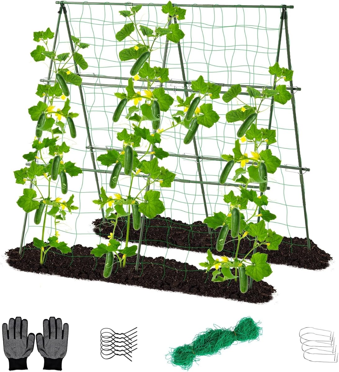 Lalahoni Cucumber Trellis, 4ft x 4ft Metal A-Frame Garden Trellis Climbing Plant Outdoor Support Fruit Grape Vine Vegetable Tomato Pea Bean Cucumber Trellis Raised Bed, with Netting, Green