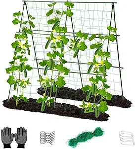 Lalahoni Cucumber Trellis, 4ft x 4ft Metal A-Frame Garden Trellis Climbing Plant Outdoor Support Fruit Grape Vine Vegetable Tomato Pea Bean Cucumber Trellis Raised Bed, with Netting, Green