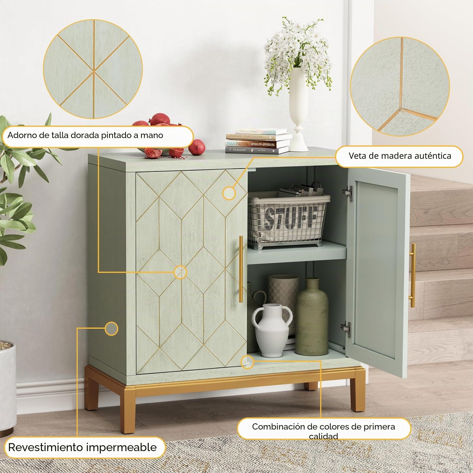 HOLTICO Armario de cocina, armario de baño, armario de salón, armario verde con estante ajustable, armario independiente para cocina, baño, salón, garaje, líneas doradas y patas