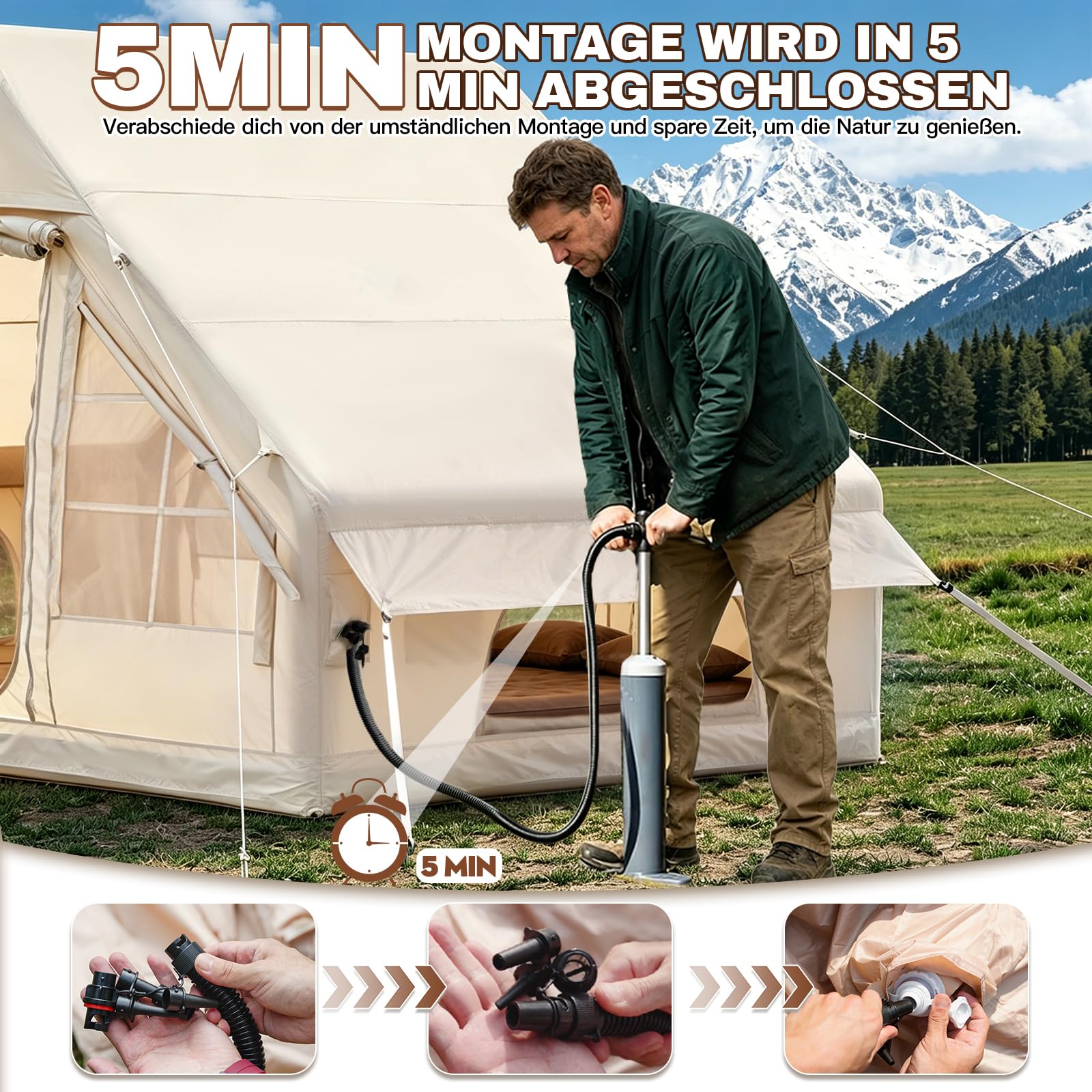 Aufblasbares Campingzelt mit Kaminöffnung & Dachfenster, Aufblasbare Zelt für 2-10per mit Luftpumpe, Zelt Aufblasbar aus Wasserdichtem Oxford-Stoff für Jahreszeiten, Schneller Aufbau Luftzelte
