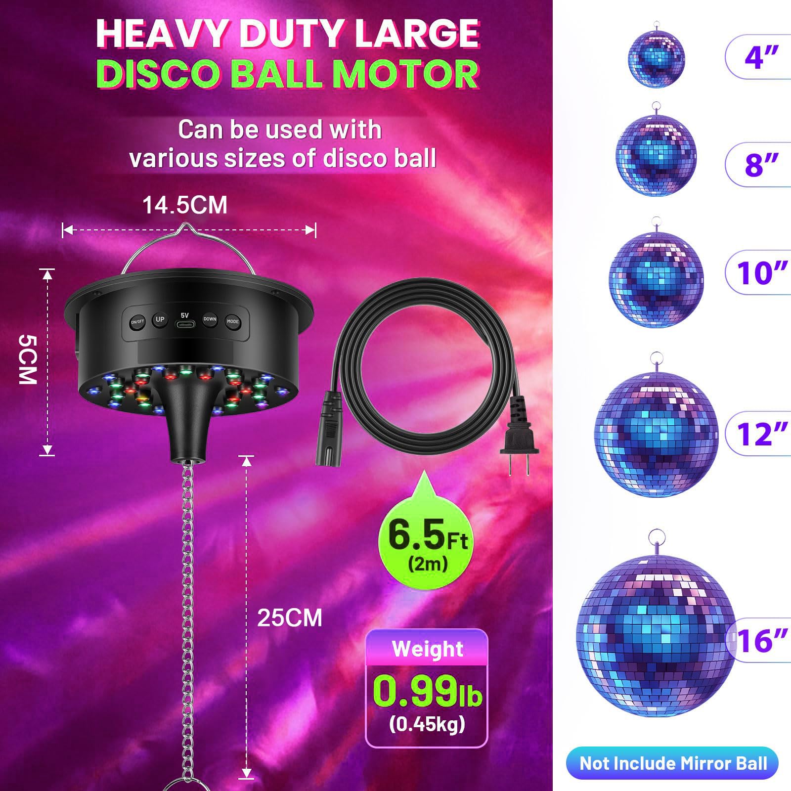 Silnik z kulką dyskotekową z pilotem zdalnego sterowania, regulowana prędkość obrotowa 3-15 obr./min, 30 diod RGB LED, bateria/USB-C/kabel, do kulek lustrzanych 10-40 cm – oświetlenie na