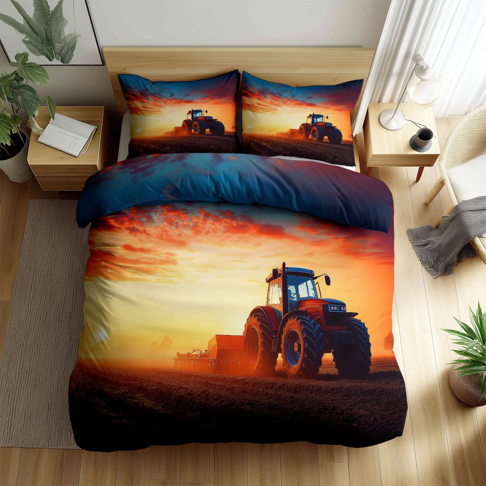 Housse de couette 220x240 cm tracteur orange en microfibre douce avec taies