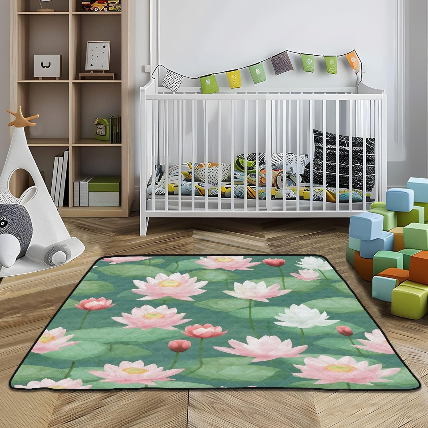 Qilmy Lotus Baby Gyms Play Mat for Floor, Waterproof Soft Crawling Mat with Non-Slip Bottom, Lightweight Foldable Picnic Camping Mat for Infants, Toddlers, 50x50in