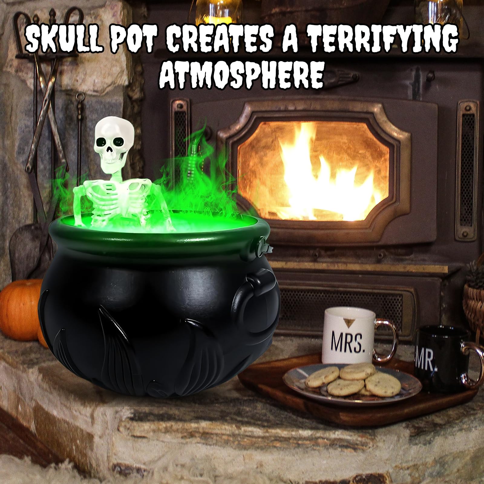 Chaudron Magique Halloween Avec Générateur De Brume - Décoration Effrayante Avec Squelette, Lumière Verte