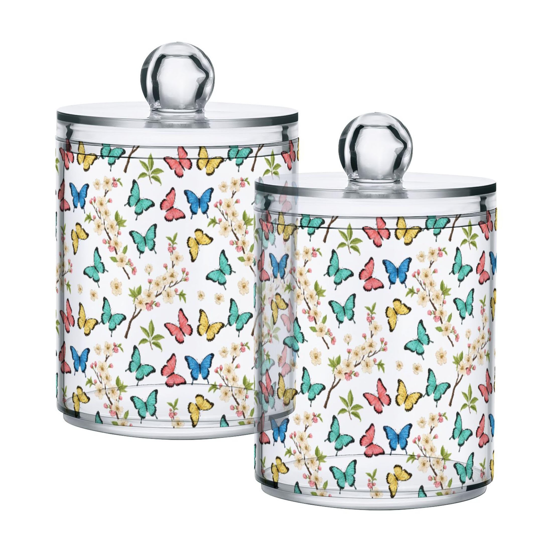 Fuauuyl Butterfly Qtip Holder Dispenser 2 Pack Plastic Apothecary Jar Storage Organization Bathroom Vanity Makeup Storage Organization for Cotton Ball Swab Pad