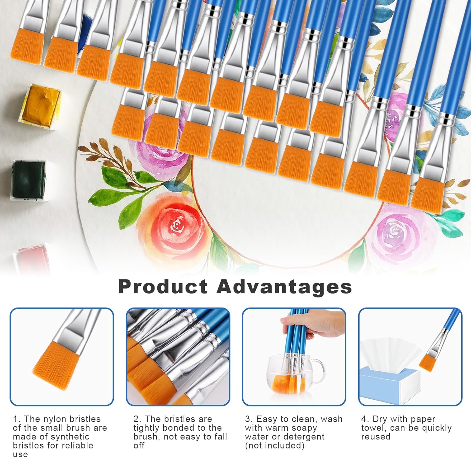 Condition photo showing New/Like New for 20PCS Flat Paint Brushes Set, 1 Inch Watercolor Paint Brushes, Nylon Hair Painting Brush for Detail Painting, Synthetic Paintbrushes for Acrylic, Watercolor, Oil, Crafts and Face Body Art