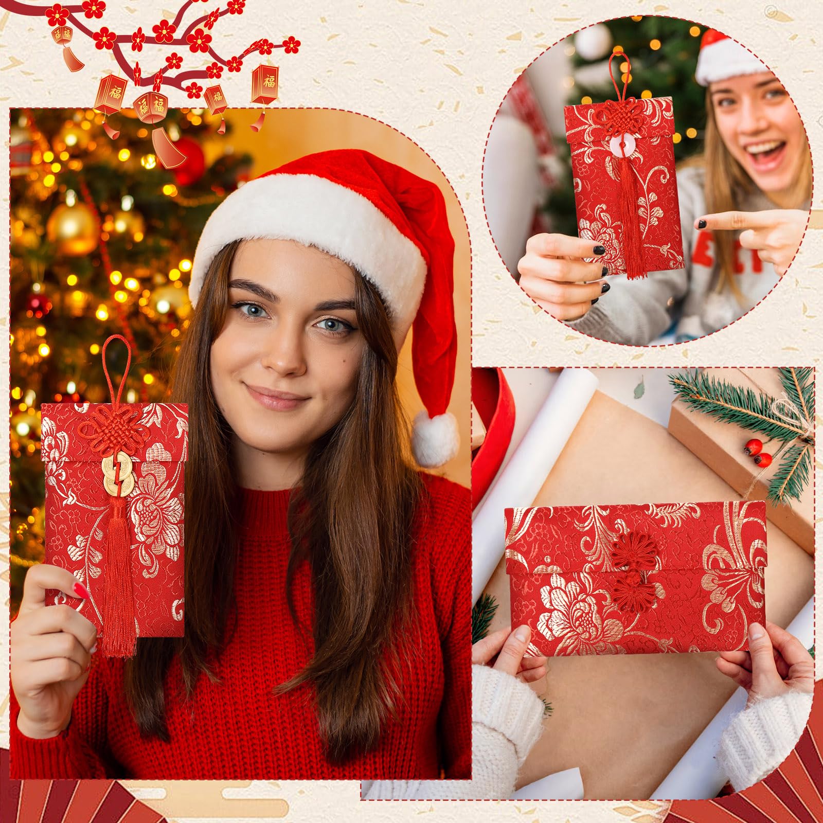 Lot de 13 enveloppes rouges chinoises en soie pour argent porte-bonheur Hong Bao pour printemps, festival, mariage, Nouvel An, anniversaire, 13 styles avec nœud chinois, pendentif en jade et pièce de