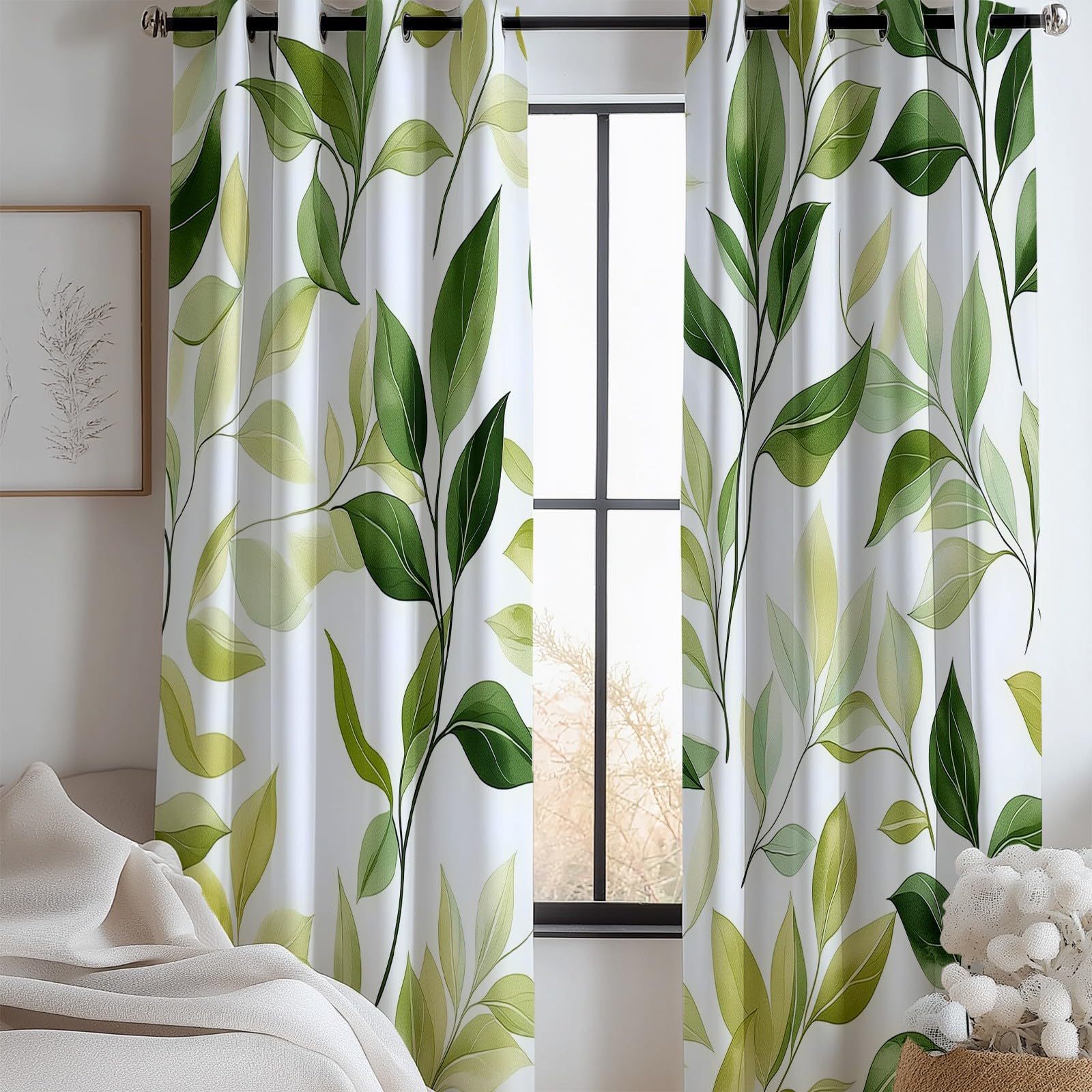Grün 100% Verdunkelungsvorhänge mit Ösen H214 x B91.5 cm (2er Set), Pflanzen Sie Grüne Blätter Zweige, Absolut Blickdichte Thermo-Gardinen gegen Hitze für Schlafzimmer und Babyzimmer