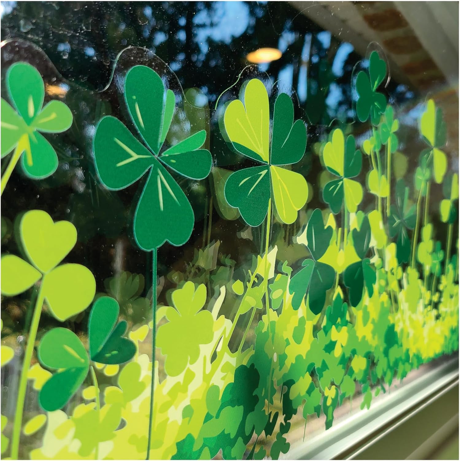 St. Patrick's Day Decoration Decals, Shamrock Border Window Clings, 4 Leaf Clover Stickers, Large/XL Irish Emerald Home Decor Shamrock Decals, Made in America. (Large 37" - Shamrock Border)
