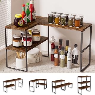 Golener 2-Tier Adjustable Stackable Corner Shelf Organizer for Kitchen Countertop, Spice Rack, Bathroom Sink, Rustic Brown
