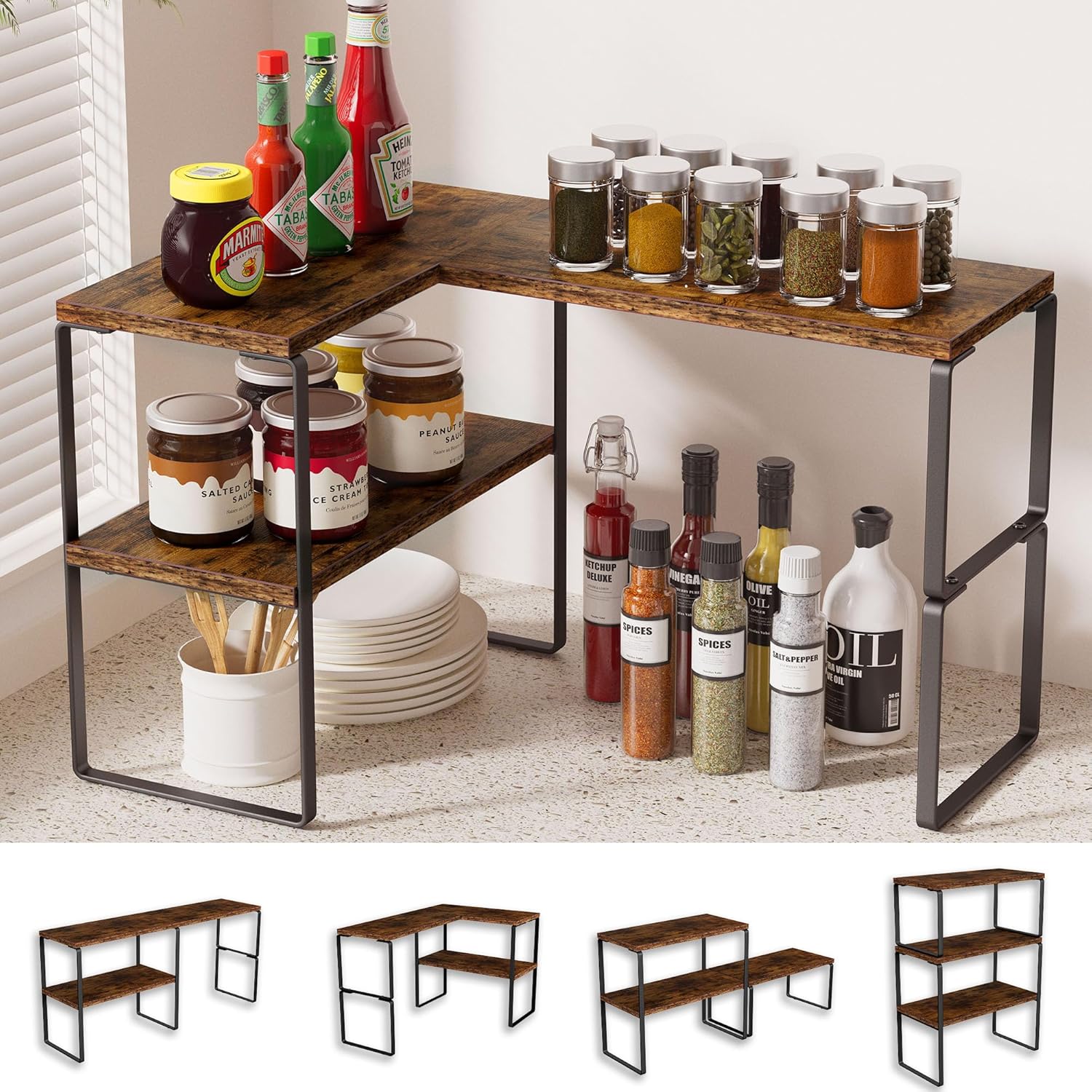 Golener Countertop Organizer Corner Shelf 2-Tier Adjustable Stackable Corner Shelves for Kitchen Spice Rack Coffee Area Over Sink