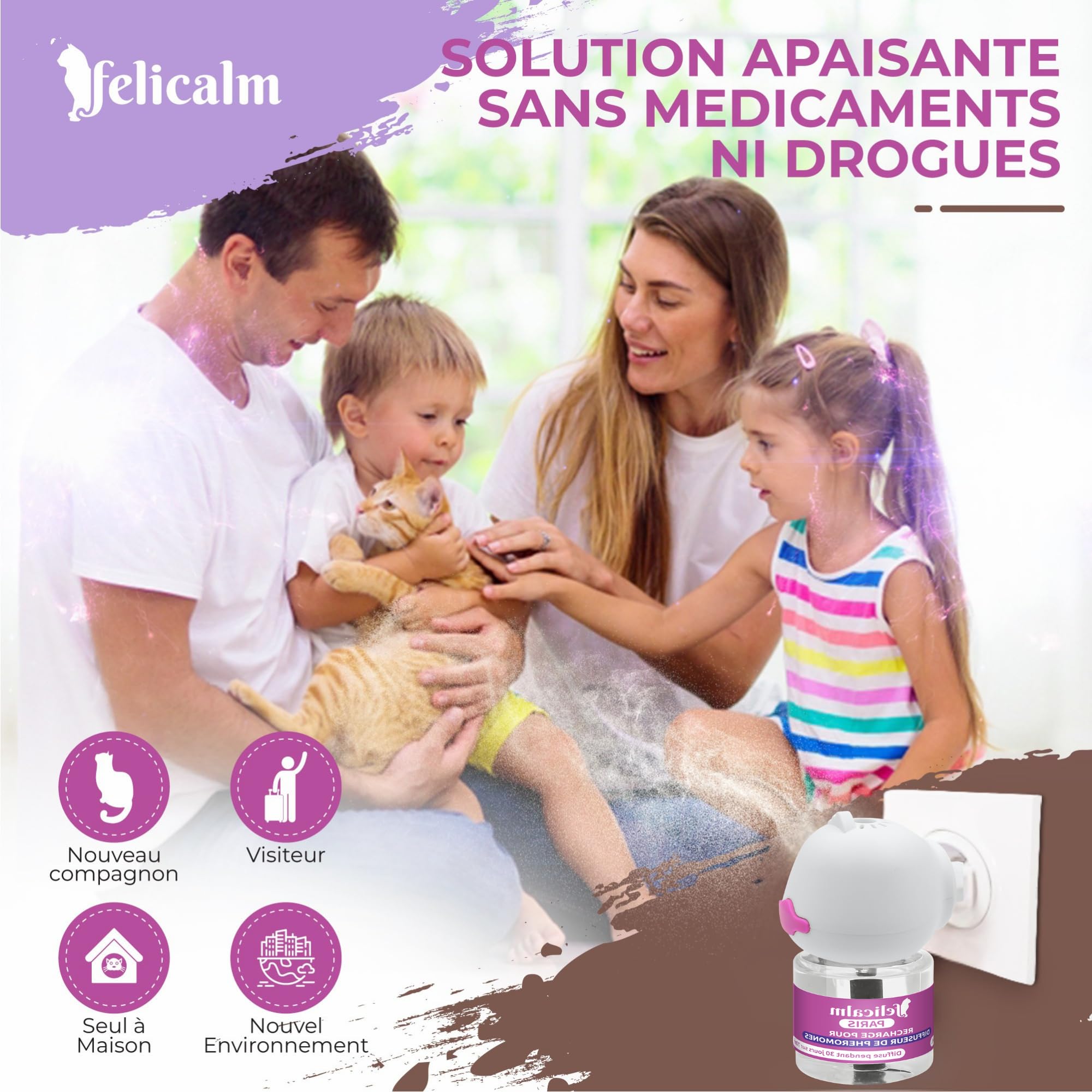 Paris -Nouvelle Formule de PHEROMONE pour Chat et Chaton -DIFFUSEUR Intelligent ECONOMIQUE SECURITAIRE + Recharge de 48 ML- Anti Stress pour Chat- CALMANT- Bonheur et Harmonie.