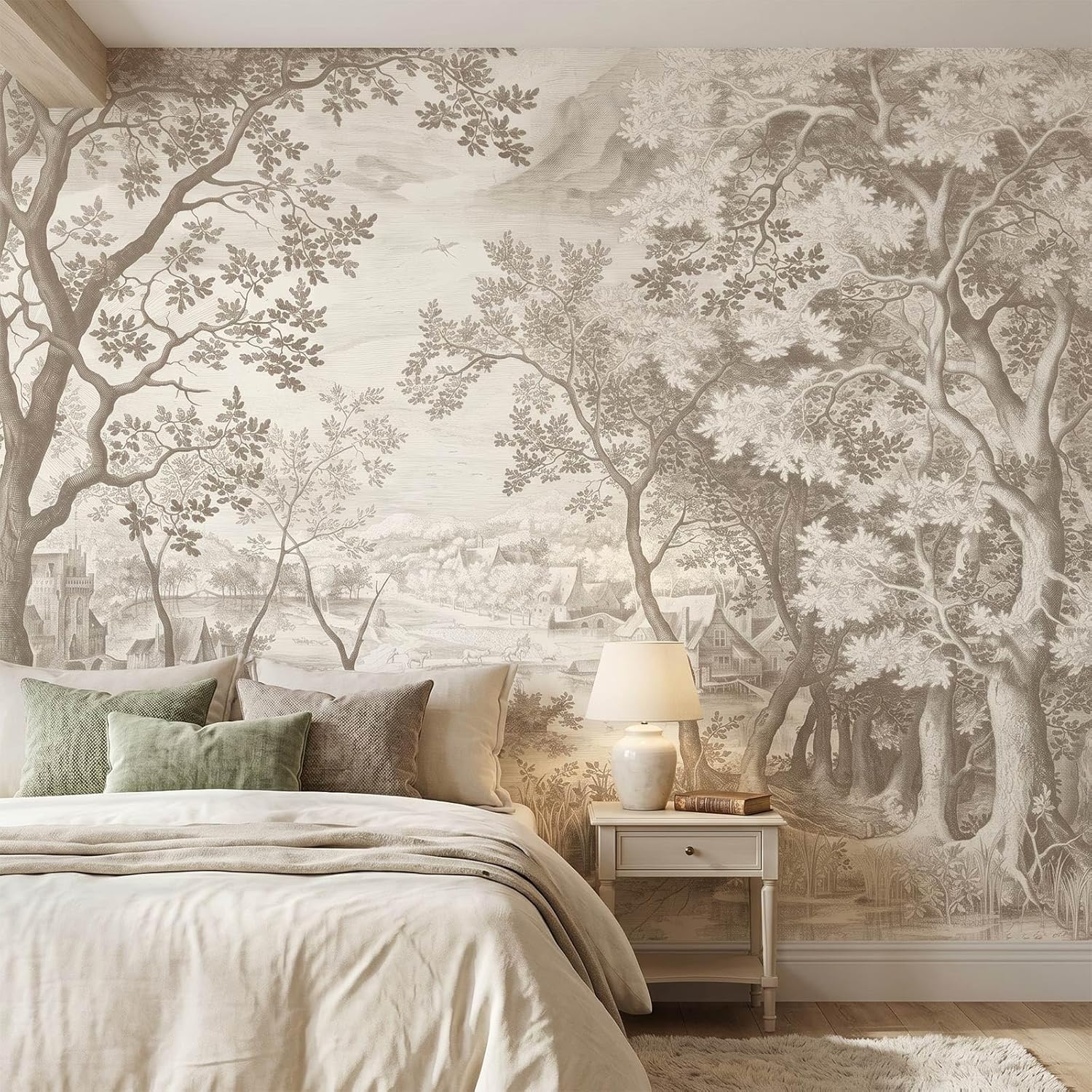 Vintage Beige Forest Woodland Peel and Stick Mural Wallpaper for Bedroom Living Room