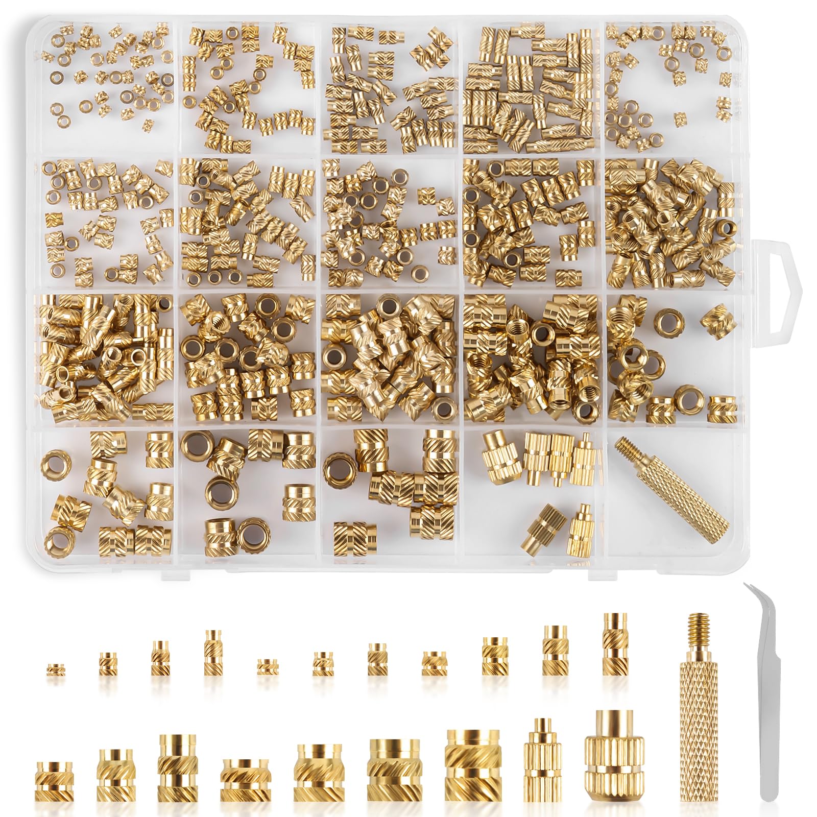 Threaded Inserts Assortment Kit 465 PCS, Premium Brass Heat Inserts Set, M2 M2.5 M3 M4 M5 M6 Metric Knurled Nuts with Heat Set Insert Tips, Ideal for 3D Printers & Plastics & DIY