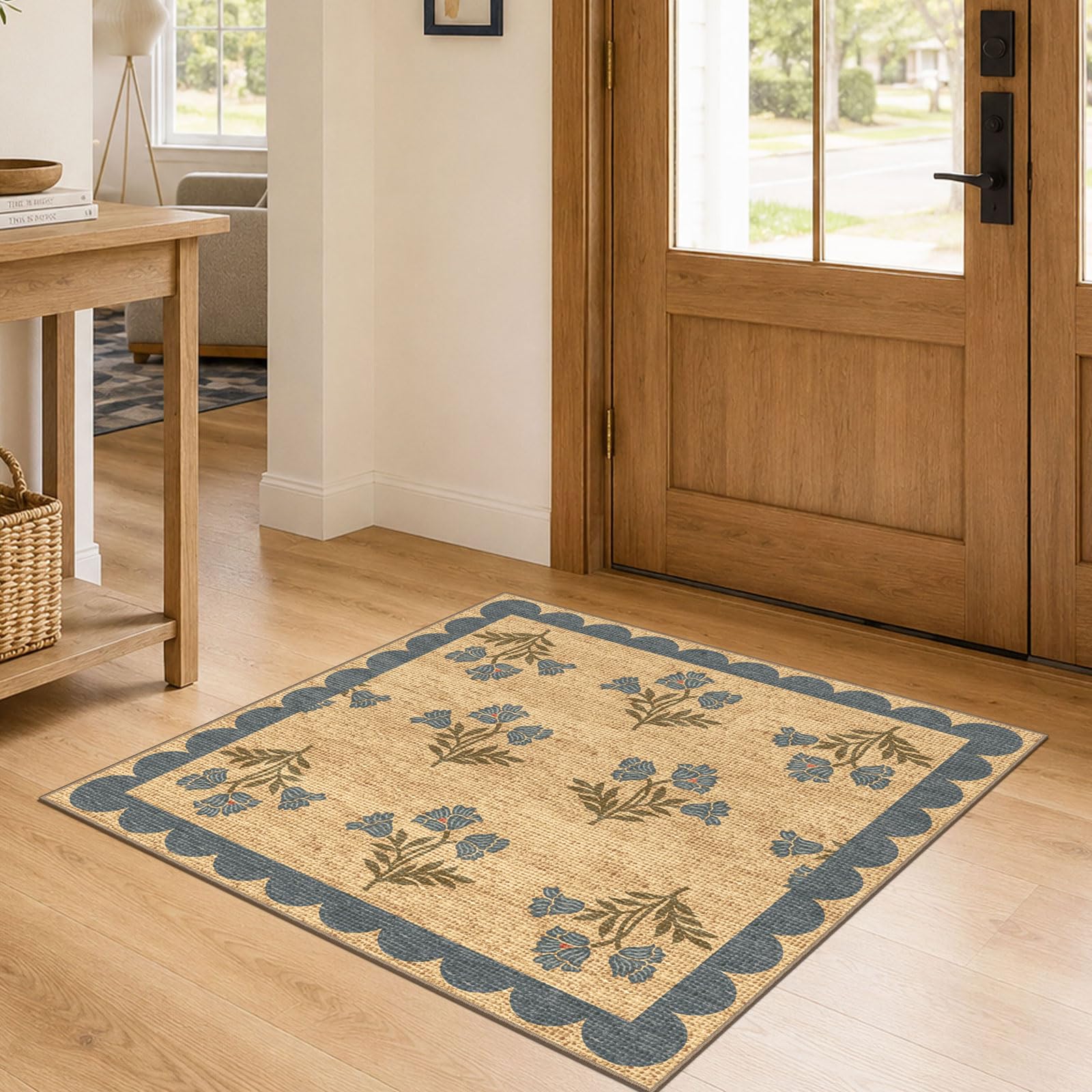 Othilic 3x3 Square Floral Entry Rug, Front Door Mat Indoor Outside Entrance