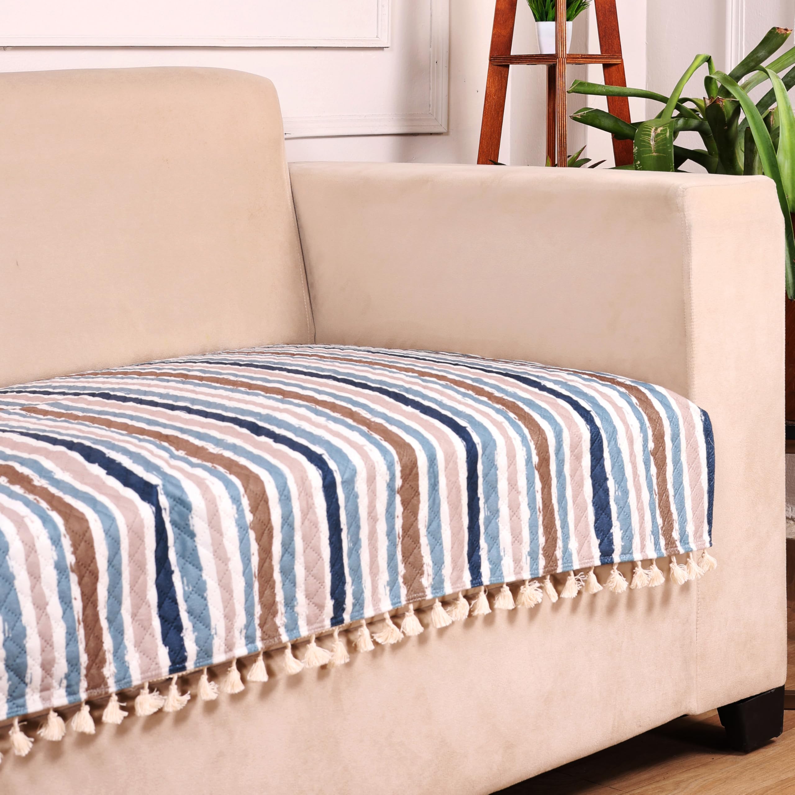 STITCHNEST 3 Seater Printed Quilted Velvet Sofa Slip Cover Protector with Tassels