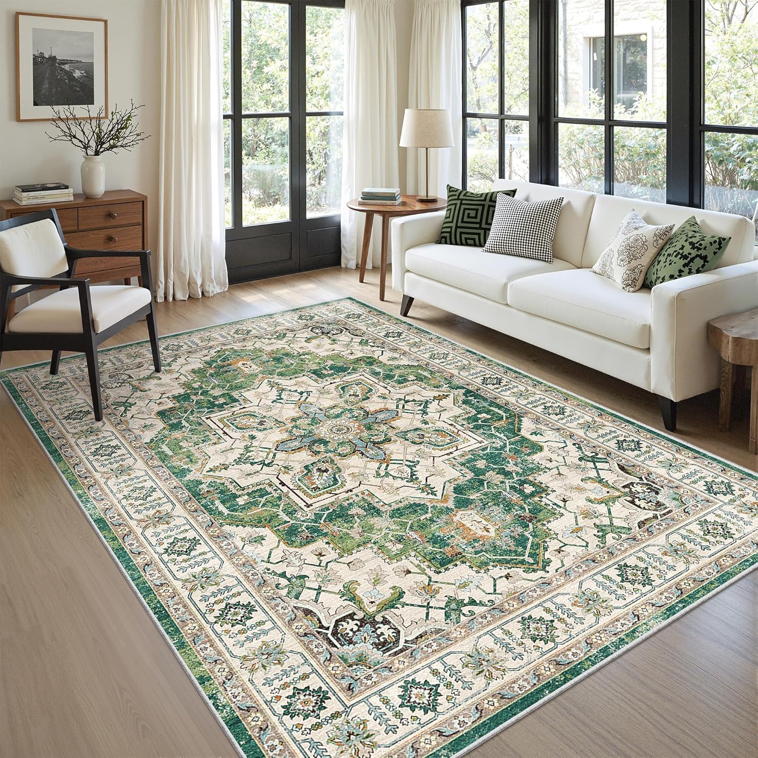 Tappeto lavabile per soggiorno, 80 x 160 cm, a pelo corto, per corridoio, camera da letto, antiscivolo, facile da pulire, motivo geometrico floreale tradizionale, verde