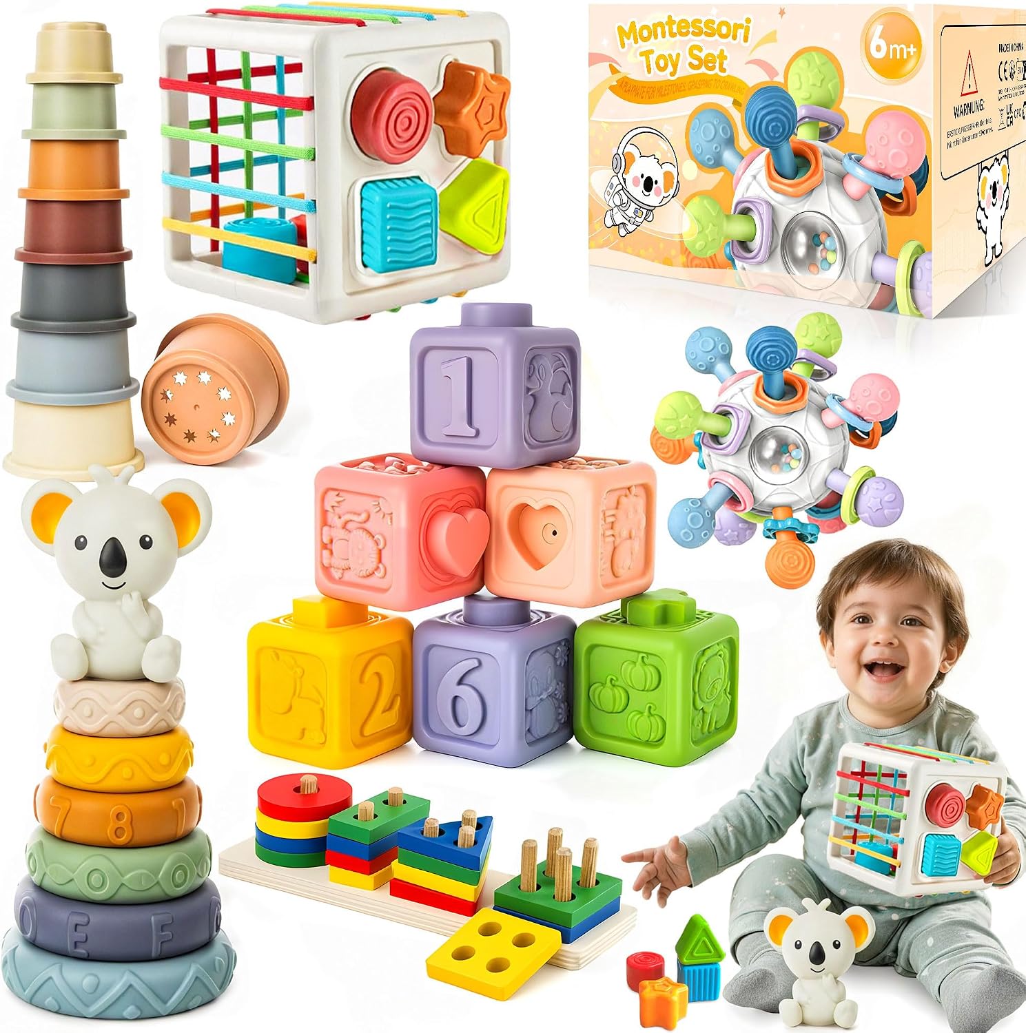 6in1 Montessori Toys for Babies - Stacking Blocks Rings Sensory Bin Toy