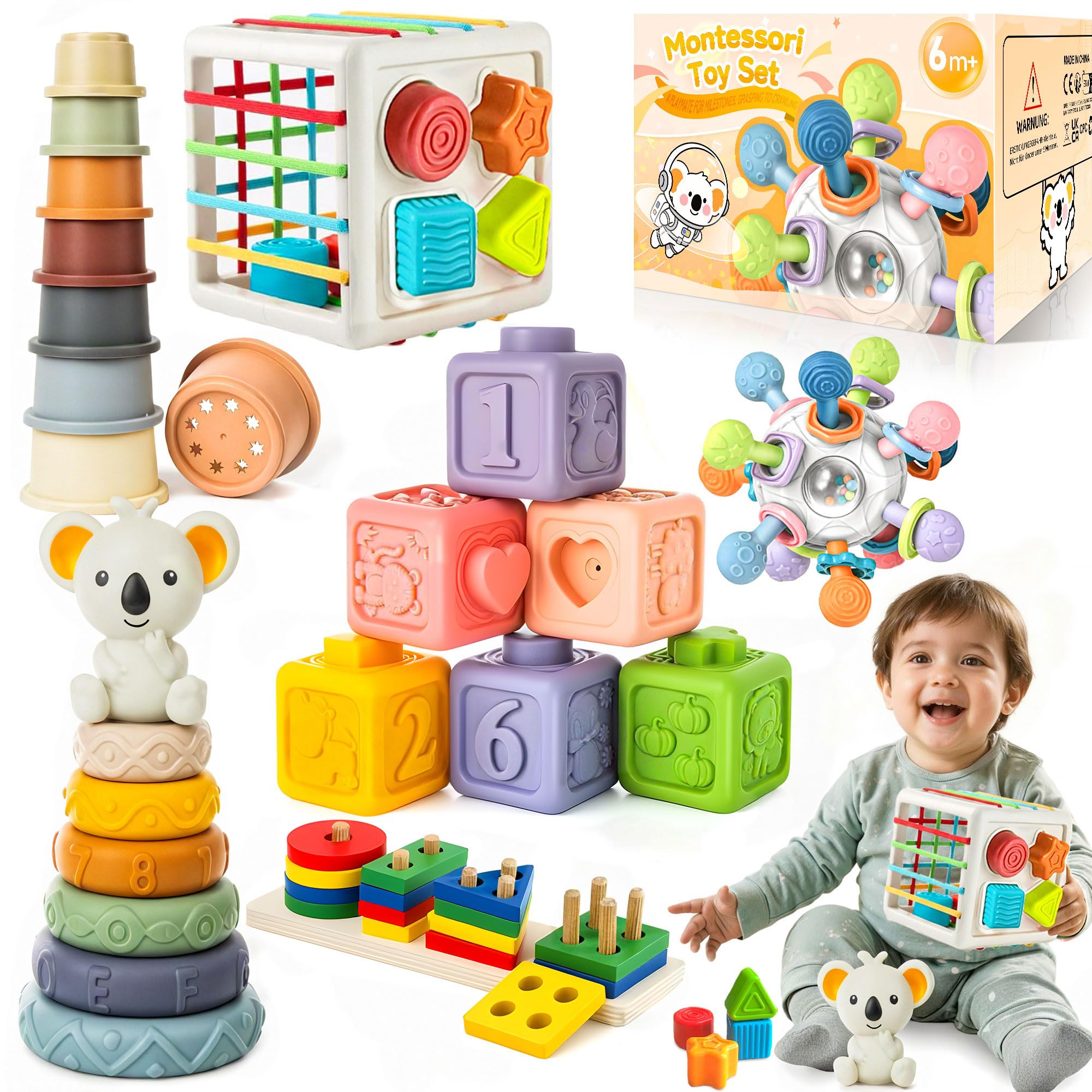 6in1 Montessori Toys for Babies - Stacking Blocks Rings Sensory Bin Toy with Cups & Shape Sorting for 6-12-18 Months, Educational Newborn Baby Development Toys Gift Infant Toddlers 1-3 Years Old