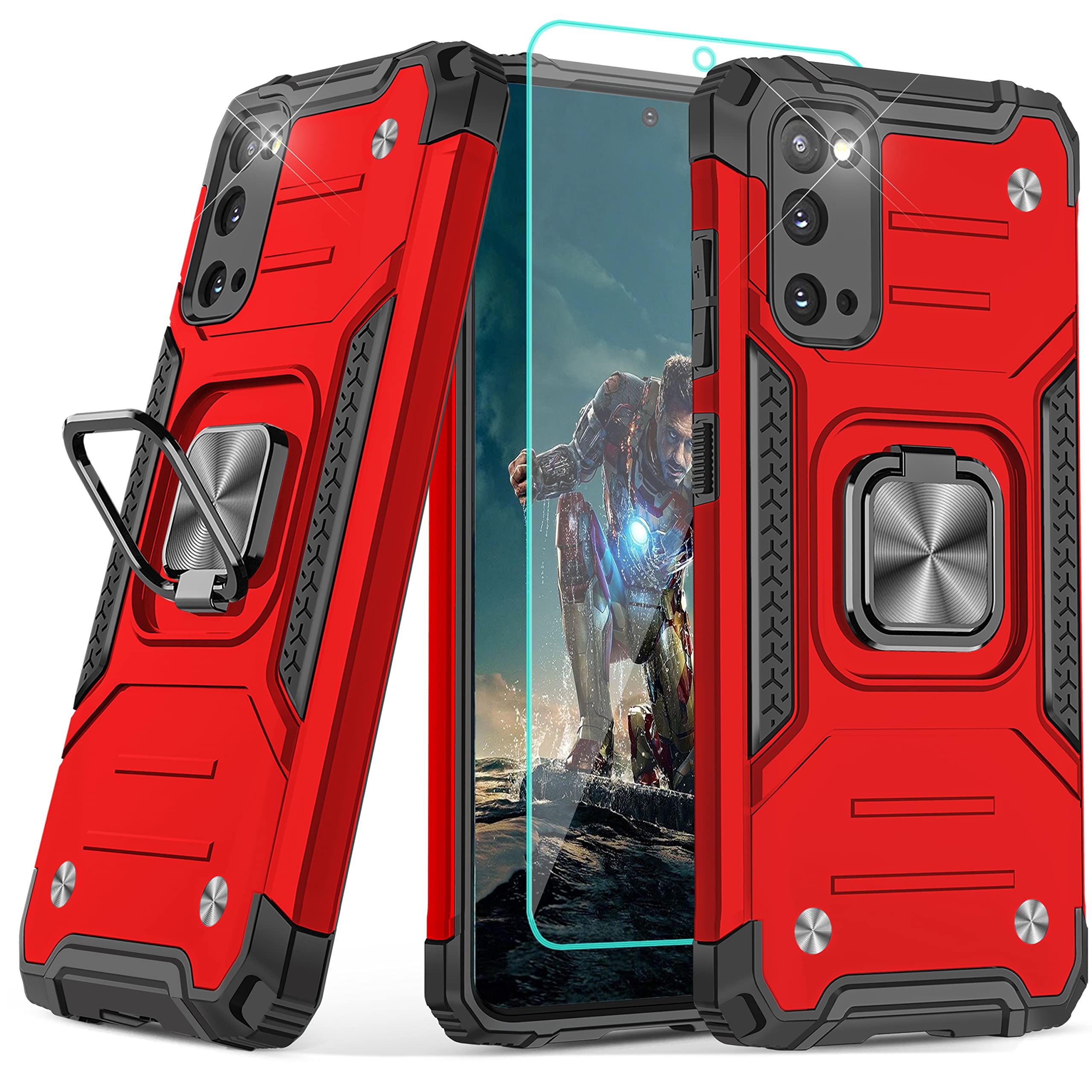 YmhxcY Galaxy S20 Case, Galaxy S20 5G Case with HD Screen Protector, Armor Grade Cases with Rotating Holder Kickstand Non-Slip Hybrid Phone Case for Galaxy S20 5G 6.2"-KK Pure Red