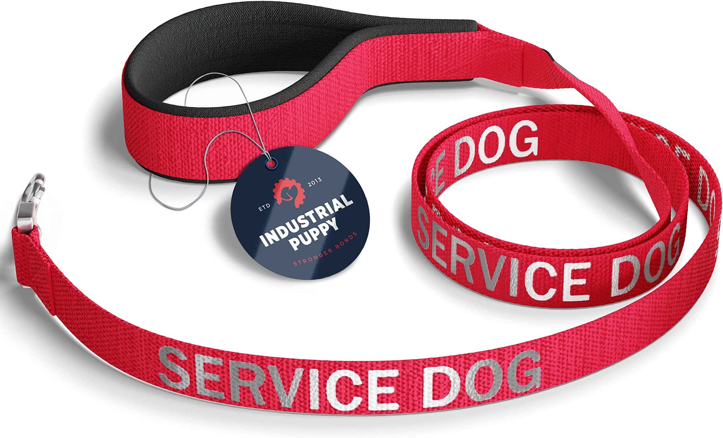 Red Service Dog Leash Wrap with Neoprene Handle and Reflective Service Dog Lettering - Supplies or Accessories for Service Dog Vest or Harness - Available in Red, Black, and Pink (Red, Service Dog)