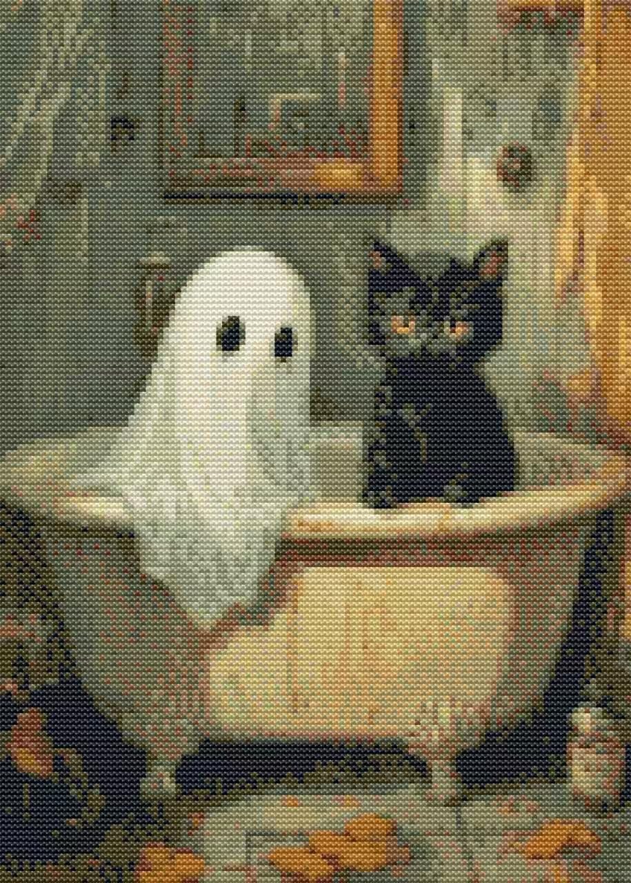 Eiazuiks Halloween Stamping Cross Stitch Kit, Ghosts and Cat Halloween Counting Cross Stitch Kit for Adult Beginners, Full Line DIY Stitching Kit for Home Decor Cross Stitch Patterns 12x16 inches