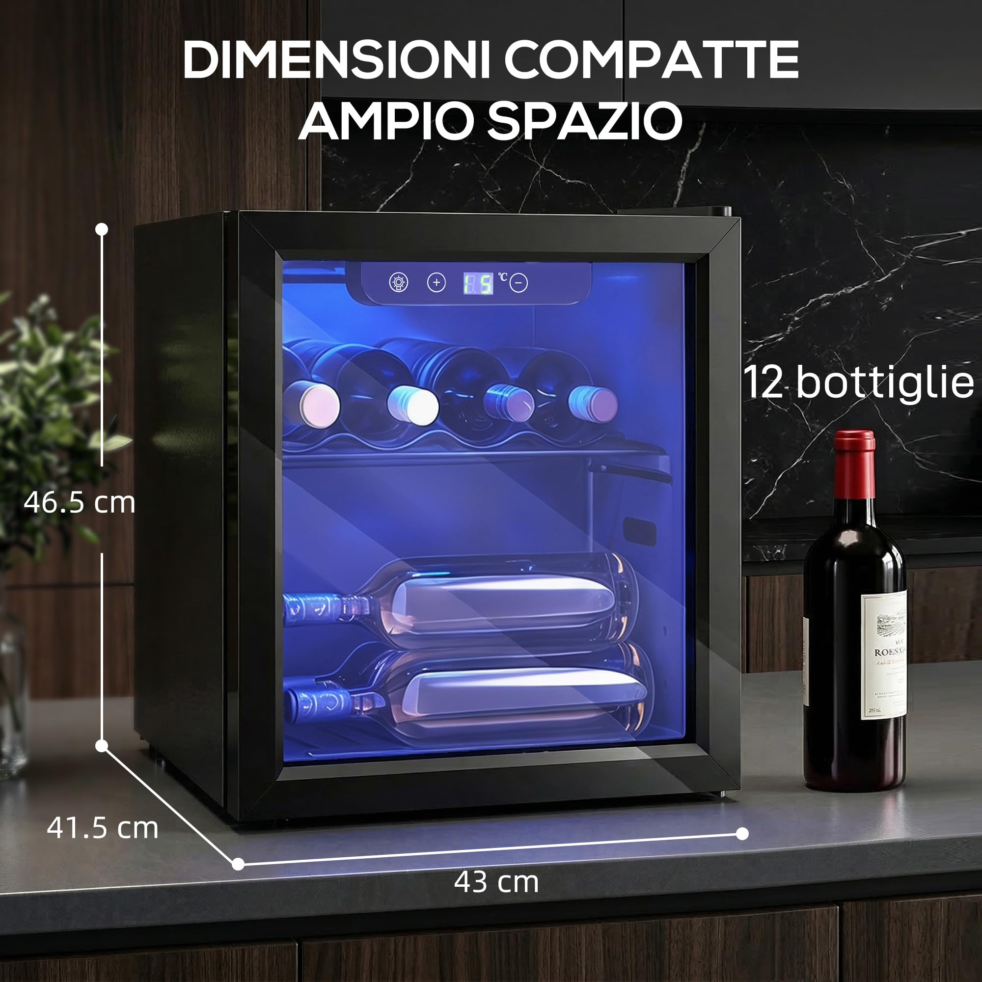 HOMCOM Cantinetta Vino Refrigerata 12 Bottiglie 36L con Temperatura Regolabile 4-16°C, Frigorifero per Vino con Vetro Anti-UV, Compressore, Ripiani, Display Touch, Luci LED, Classe G, Nera