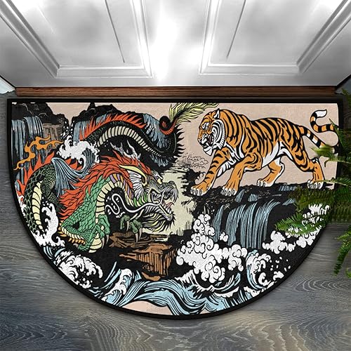 Tapete medio redondo de bienvenida, con pintura china, animales, dragón, tigre, océano, entrada, tapete suave, antideslizante, lavable, tapete de
