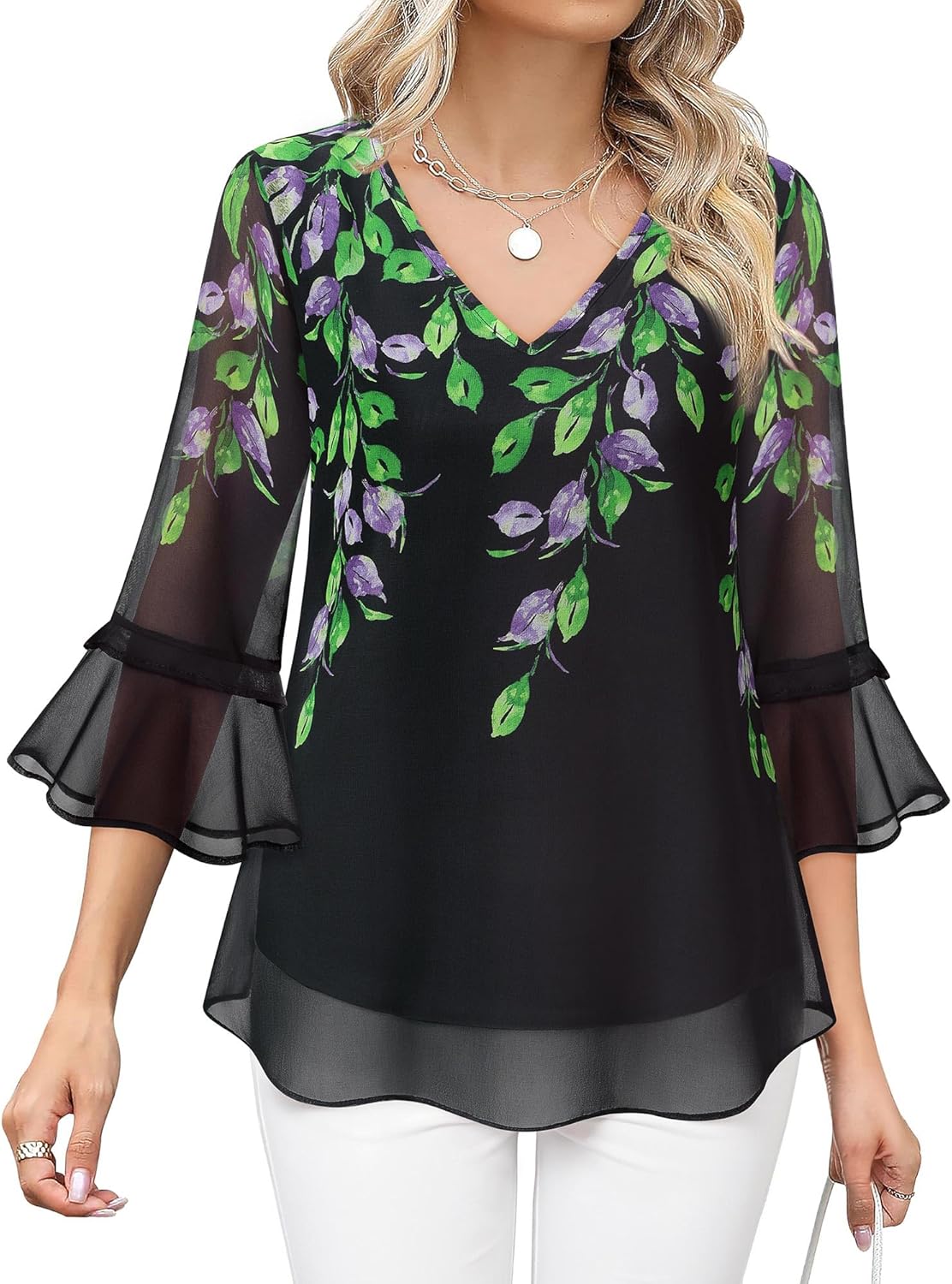 Bebonnie Womens Dressy Casual Tops Ruffle 3/4 Sleeve V Neck Floral Chiffon Blouses