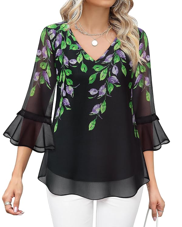 Bebonnie Women Blouses Dressy Casual Tops: Womens Ruffle 3/4 Sleeve V Neck Double Layers - Flowy Chiffon Blouse Business Office Work - School Teacher Shirts for Womens Fashion Black Violet M by Bebonnie - Used condition - US$7.30