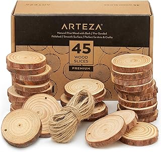 Arteza Fette Di Legno Grezzo con Corteccia di Pino Naturale, Diametro 6-7cm (45 Pezzi) Superficie Liscia con 15mt Corda di Juta Naturale per Lavorazioni, Artigianato, Bomboniere, Decorare, Fai Da Te