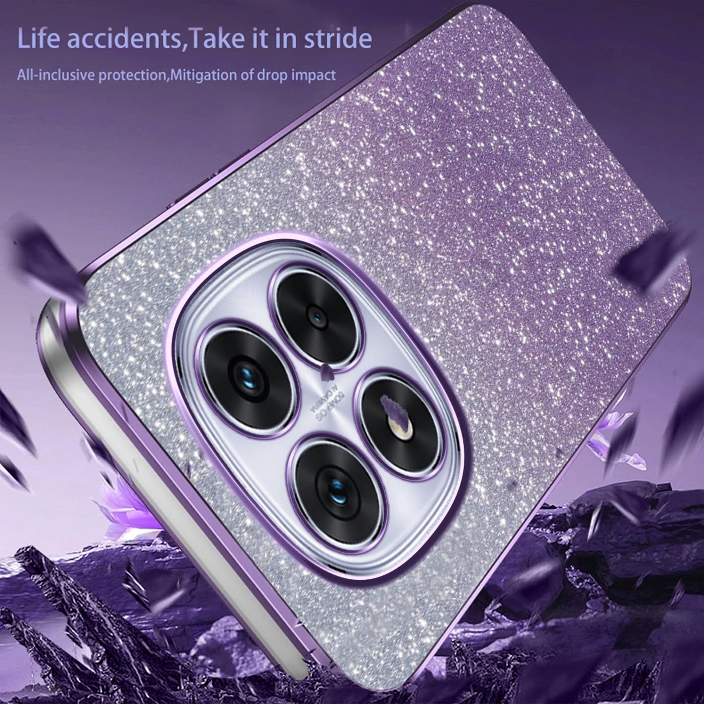 Cover Glitter Xiaomi Redmi Note 14 Pro 5G / Poco X7 5G, Custodia Trasparente Con Brillantini, Viola
