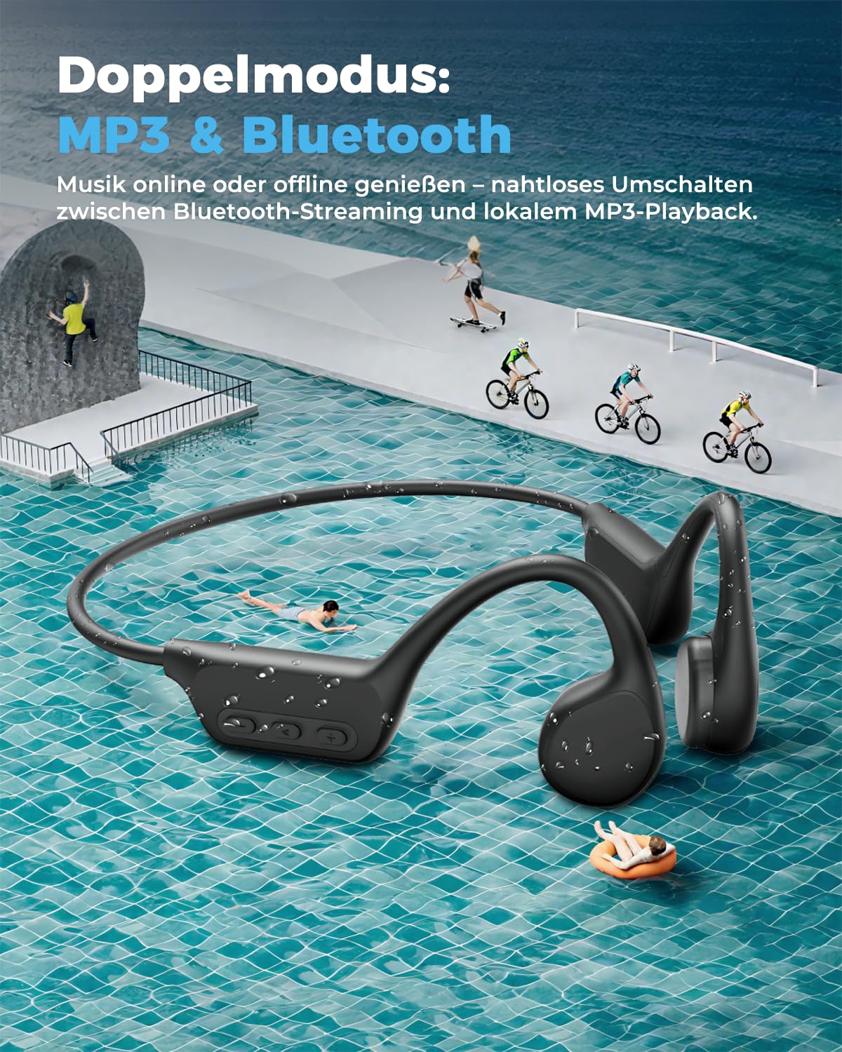 Knochenschall Kopfhörer, Kopfhörer Schwimmen, 32GB MP3 Speicher, Open Ear Kopfhörer Bluetooth 5.4, IPX8 Wasserdicht, 10 Stunden Spielzeit, Schwimmen, Laufen