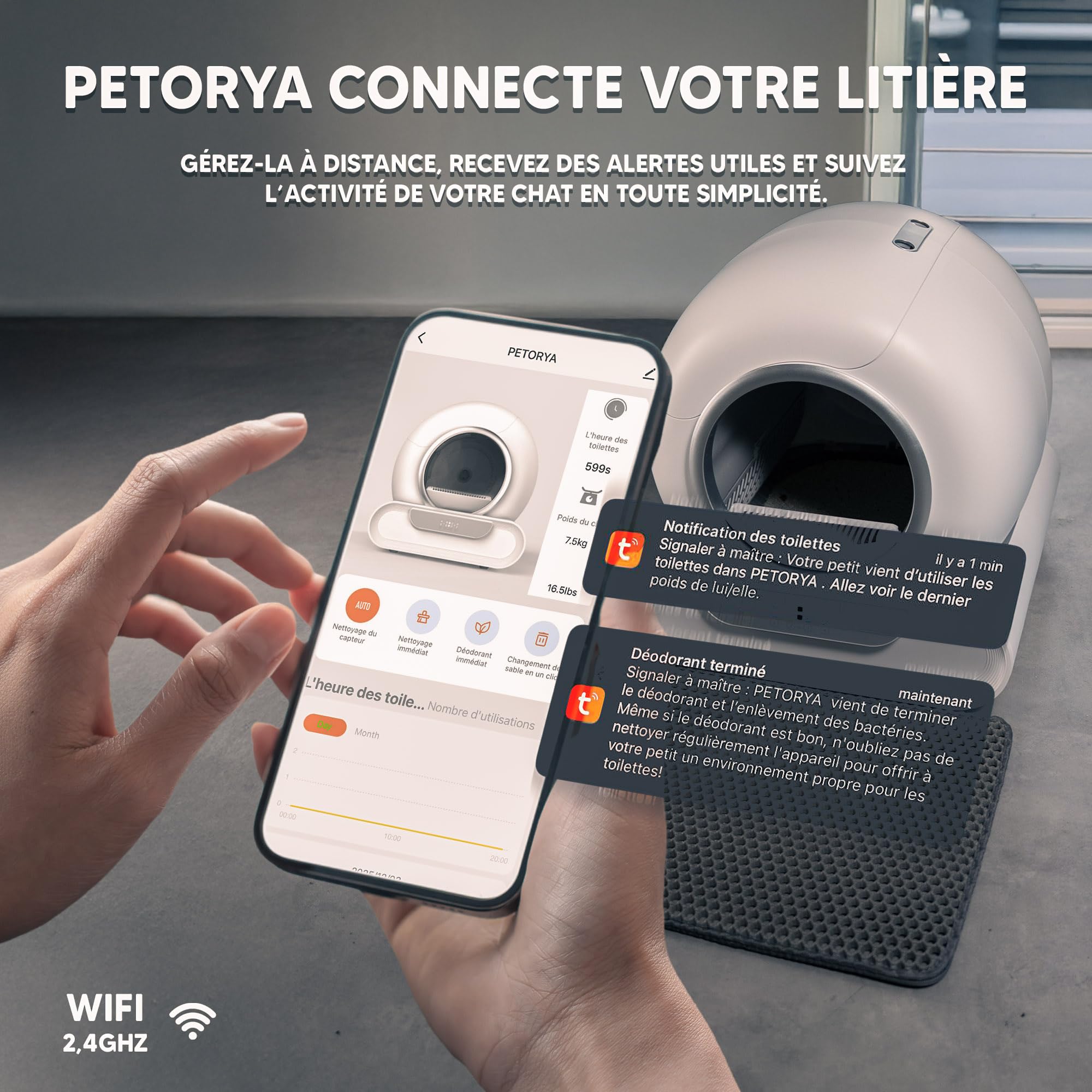 Litiere Chat Autonettoyante PETORYA, Bac à Litière Automatique, Anti-Fuites/Anti-Pincement/Anti-Odeur/Secure/Contrôle APP/Nettoyage Facile, Capacité XXL de 65L pour Plusieurs Chats