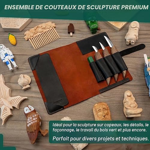 BeaverCraft Deluxe S15X Set de couteaux de sculpture sur bois avec étui en cuir - Kit de sculpture sur bois de qualité supérieure avec affûtage en cuir et pâte à polir - 2
