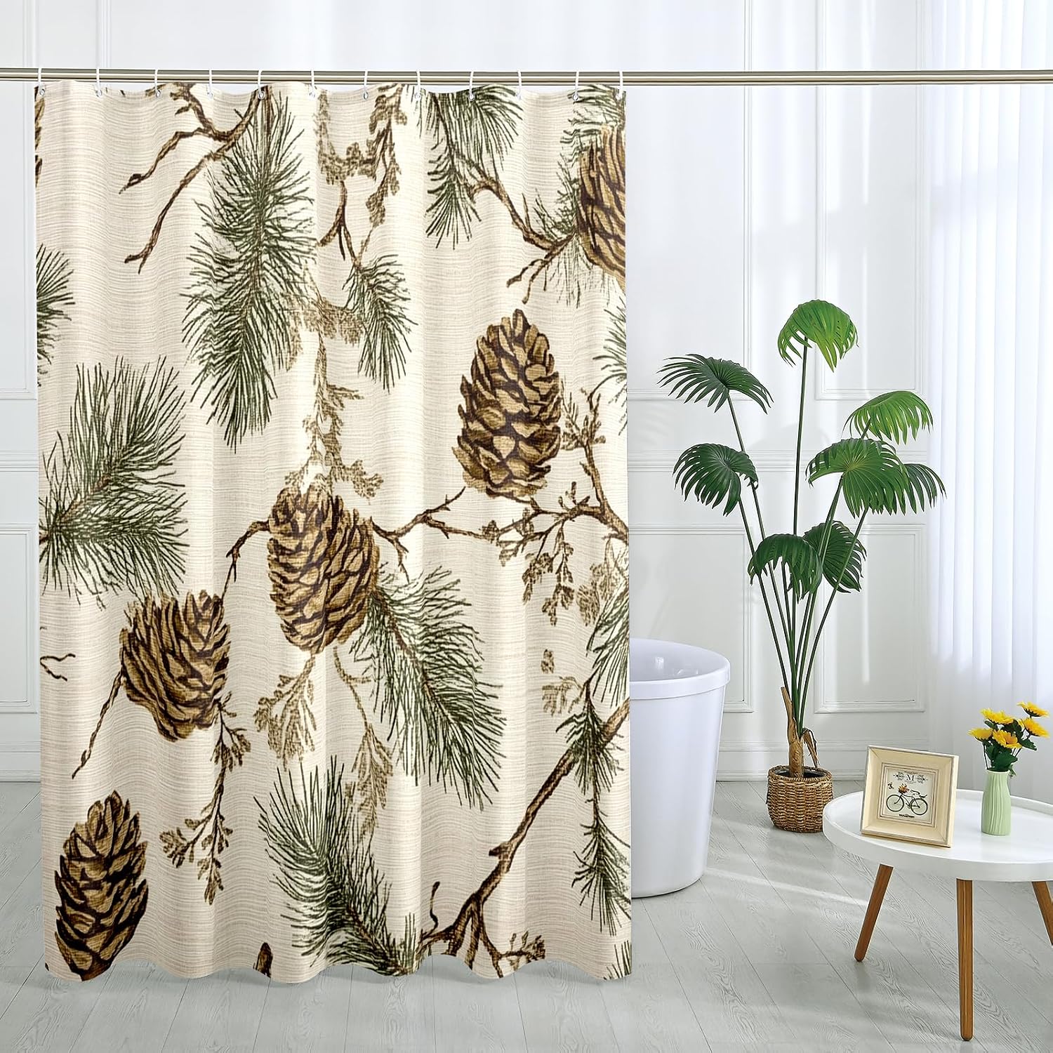 Christmas Pine Cones Shower Curtain Set 72" W x 78" L with Hooks, Aesthetic Vintage Xmas Branch Bathroom Decor, Holly Printed Pattern Bath Accessories