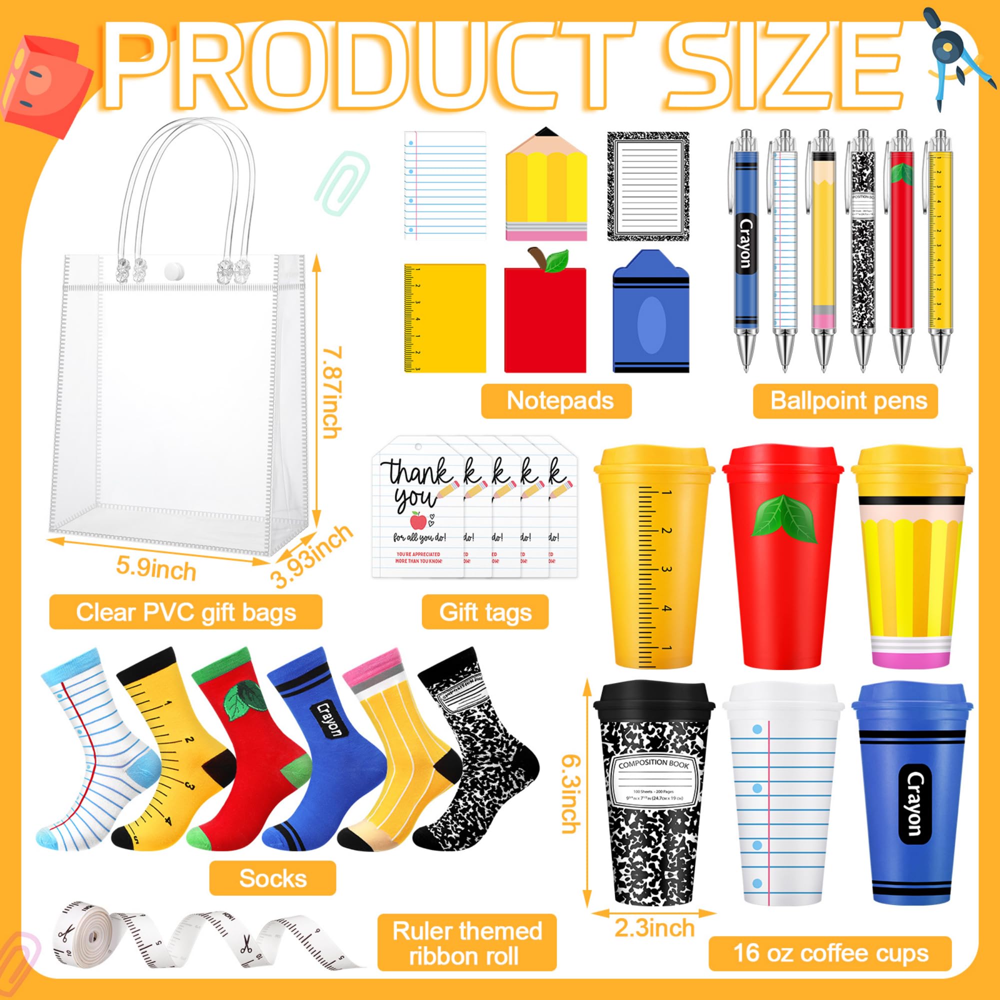 Marspark Geschenk-Set für Lehrer zum Schulanfang, 473 ml, 6 Stück, Kaffeetassen mit transparenten Geschenktüten, Socken, Notizblöcken, Stiften, Geschenkanhänger für den ersten Schultag, Klassenzimmer