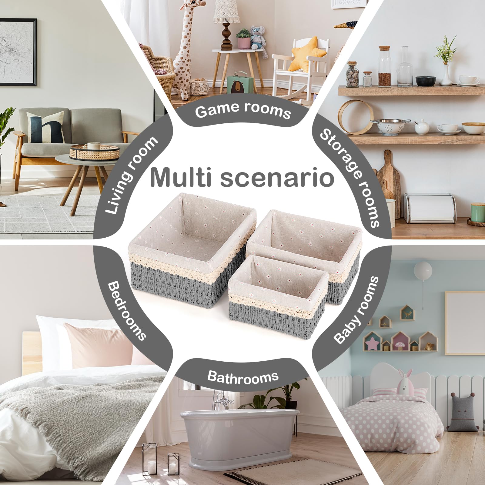 FoiiLiio Set di 3 Cestino Portaoggetti e Porta Giocattoli, Cesto in Corda di Carta, Cestini Portaoggetti Bagno Bambini, per Camerette, Bagno, Cassetti, Cucine, Soggiorno (Grigio)