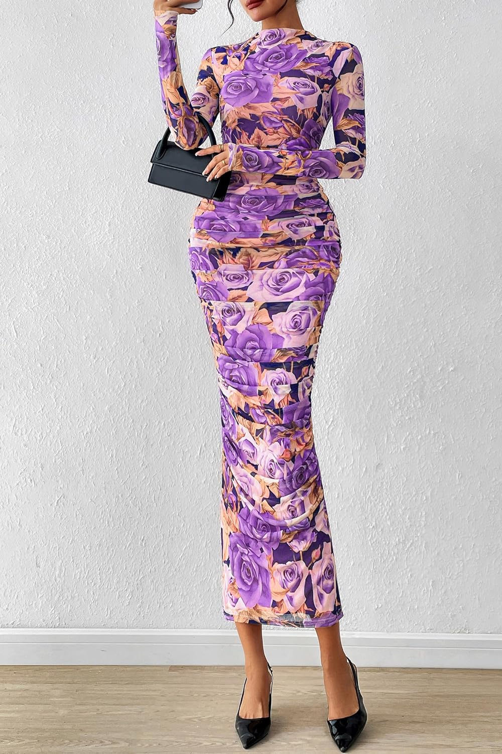 PRETTYGARDEN Womens Long Sleeve Maxi Dresses 2026 Spring Ruched Bodycon Floral Mesh Formal Wedding Guest Cocktail Party Dress - Image 2