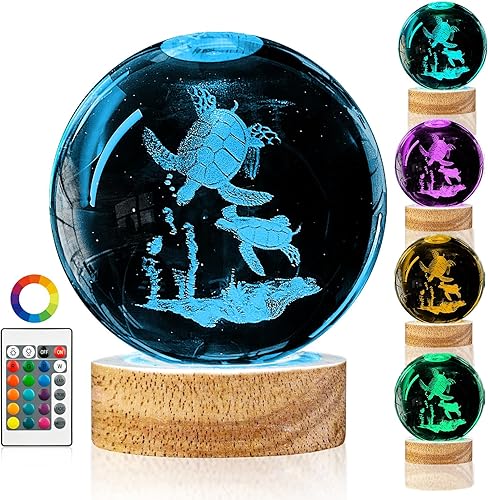 Luz nocturna de bola de cristal de tortuga marina 3D con base de madera LED de 16 colores, grandes lámparas de bola de cristal de tortuga marina de
