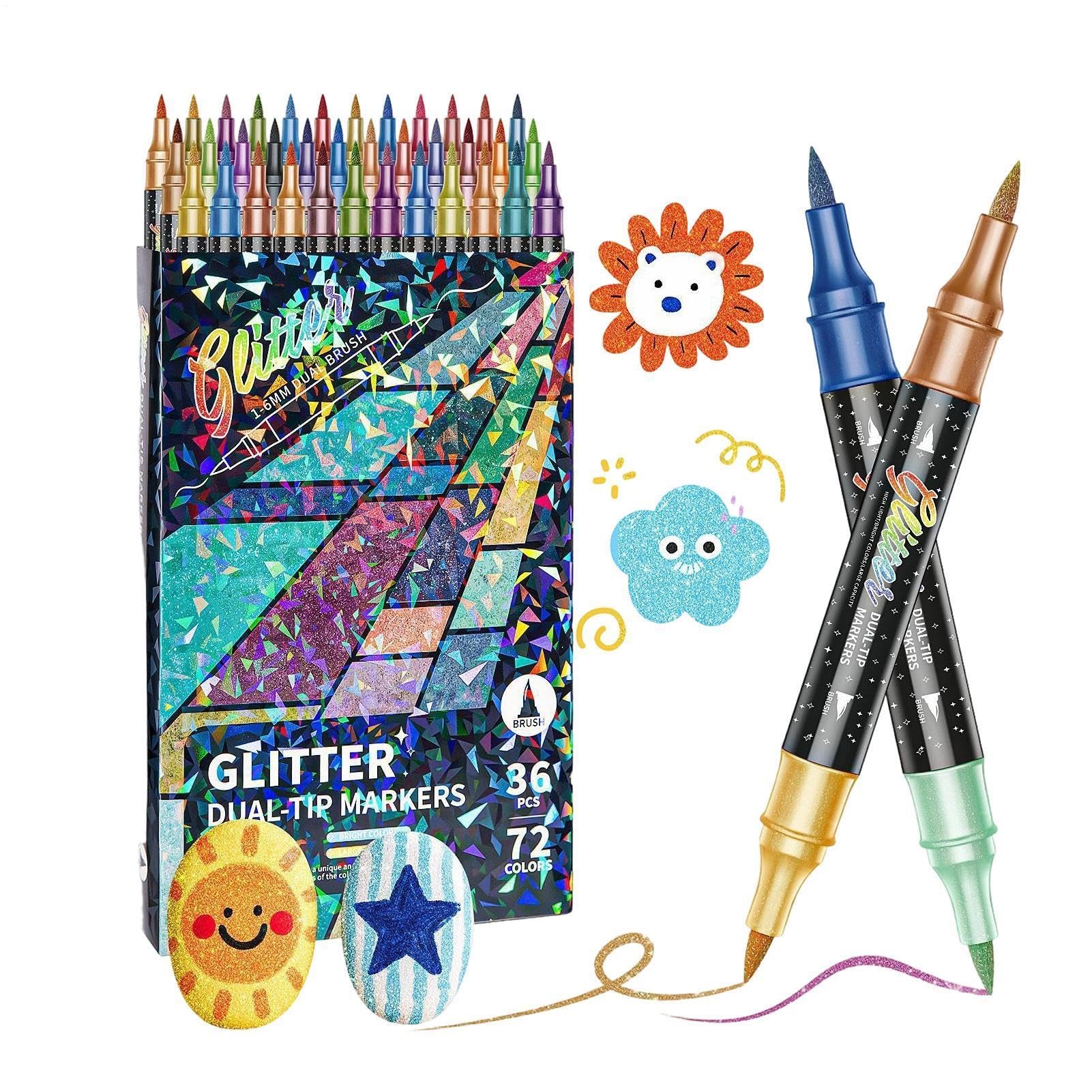 Penne glitterate – Confezione da 48 (14,8 x 1,2 Cm) Inchiostro a base d'acqua | Pennarelli a doppia punta, forniture artigianali per libri da colorare, scrapbooking, biglietti di auguri e biglietti di