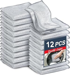 12 Pack Multifunctional Non-Scratch Wire Dishcloth - Double Layer Silver Wire Mesh Knit Cleaning Cloth Wire Dishwashing Rags Wire Cleaning Cloth Wire Dish Towels for Kitchen, Sinks, Pots, Pans