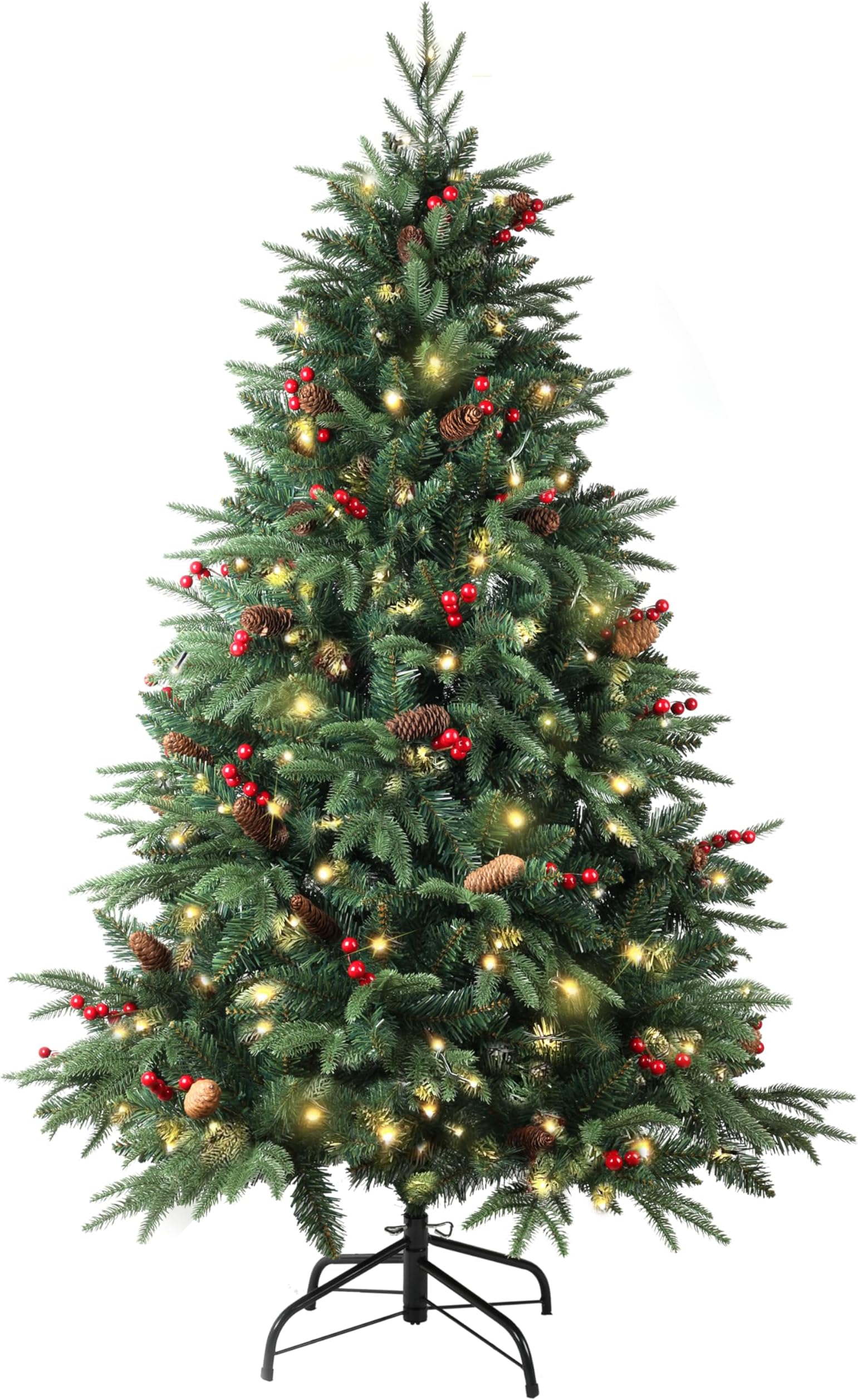 Pre-lit Christmas Tree 150cm/5ft,600 Branches Tips Artificial Pine Xmas Tree with 150 LED Lights & 40 Red Berry & 40 Pinecone Decoration for Indoor Outdoor