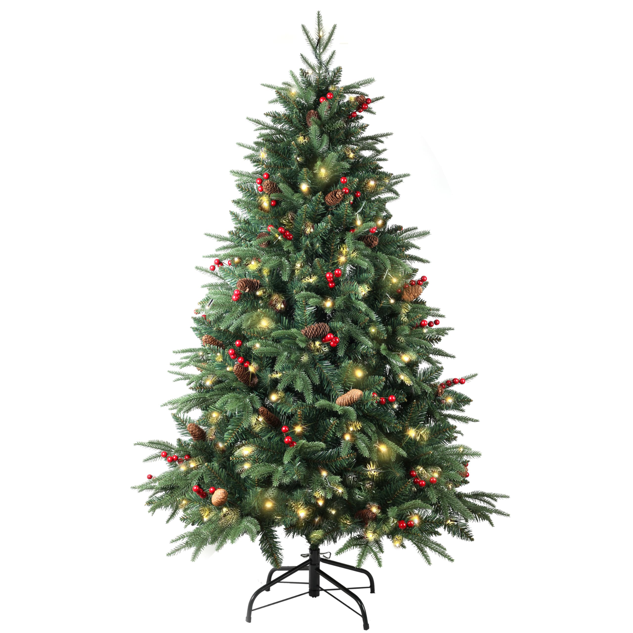 Pre-lit Christmas Tree 150cm/5ft,600 Branches Tips Artificial Pine Xmas Tree with 150 LED Lights & 40 Red Berry & 40 Pinecone Decoration for Indoor Outdoor