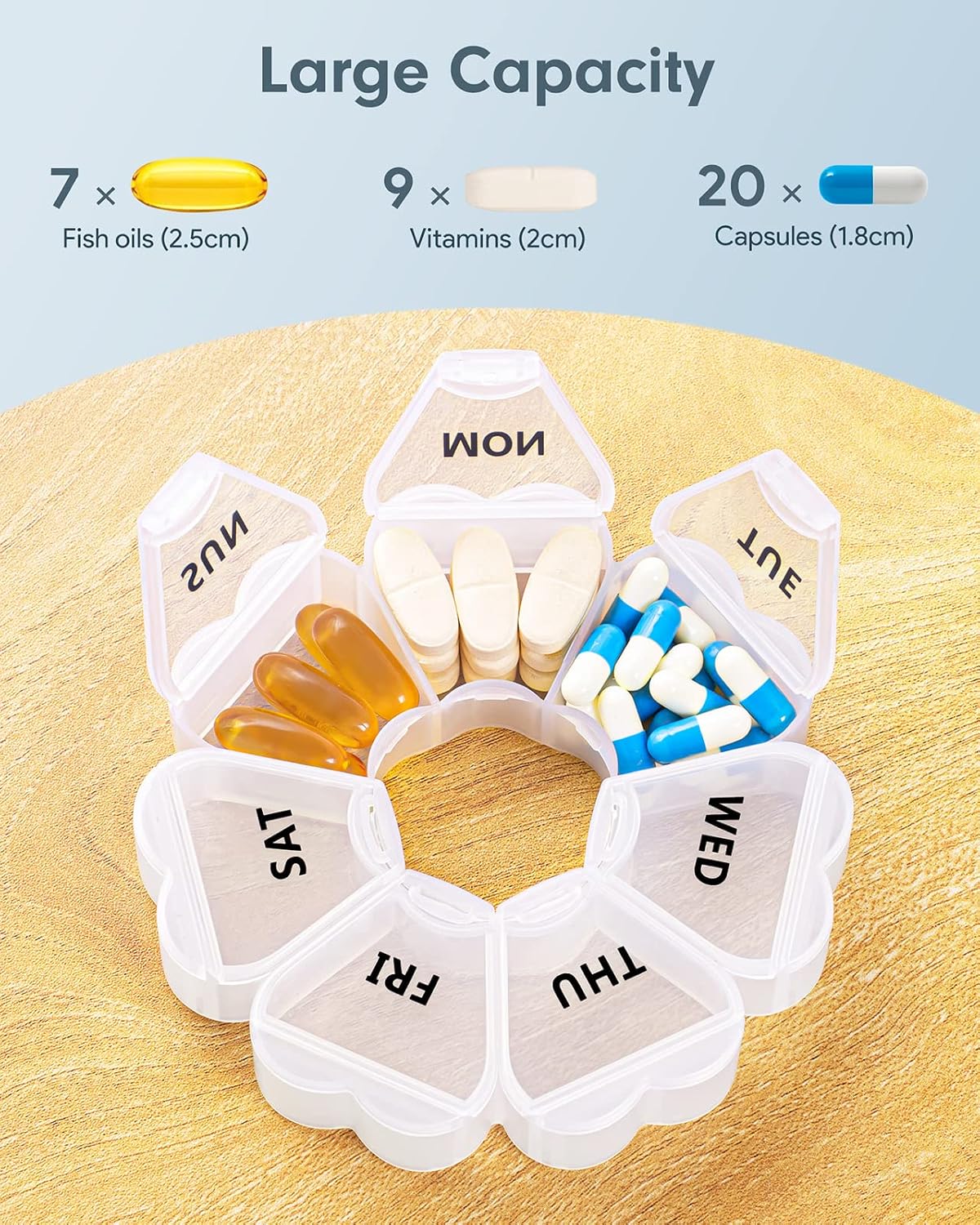 Large Weekly Pill Organizer, Pill Box 7 Day, KAPENS Daily Vitamin Case Large Capacity Compartments, Pill Containers for Fish Oil Medicine Supplements