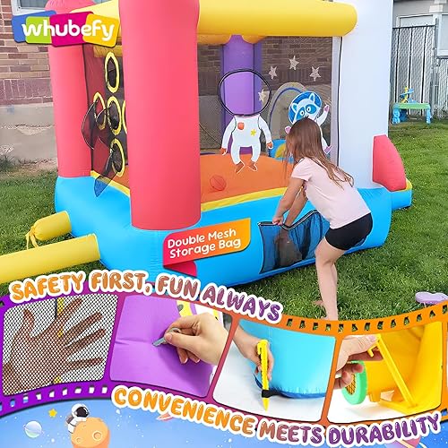 Miniatura 8 de Whubefy Casa inflable de rebote para niños de 3 a 6 años, castillo animoso de cohetes de espacio pequeño con tobogán y soplador, juego de rol de